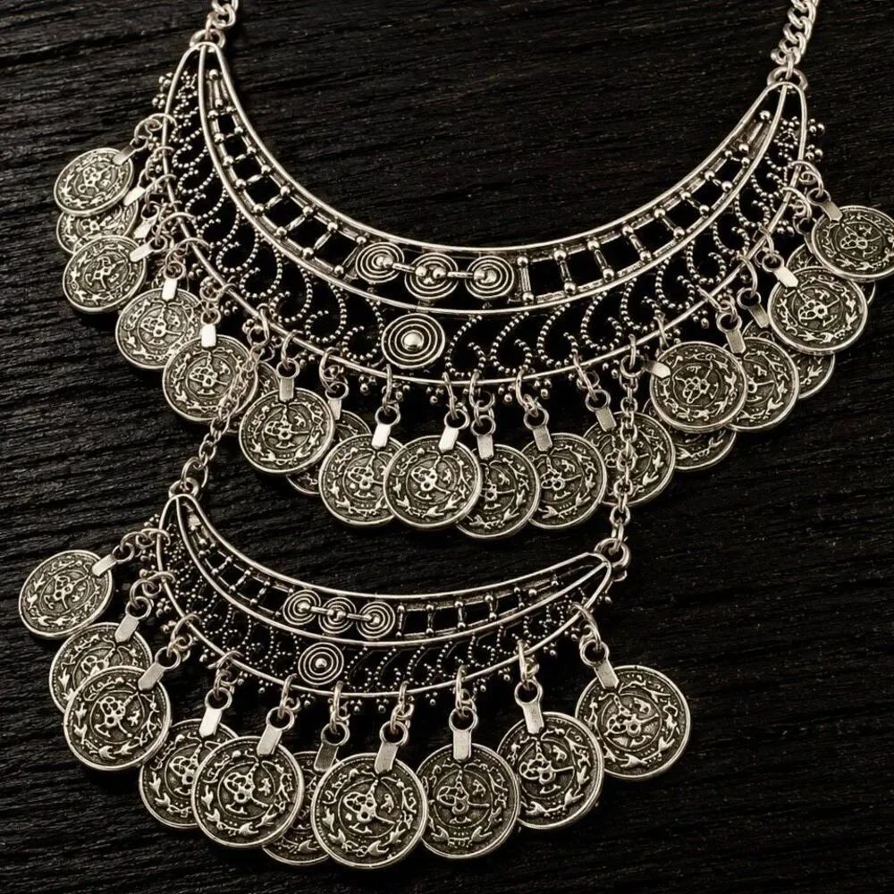 Double the Coins, Double the Drama Silver Tone Babes Statement Necklace